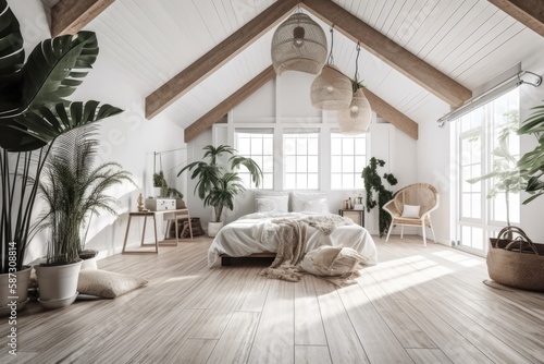 Scandi Boho white tropical attic bedroom interior. Generative AI photo