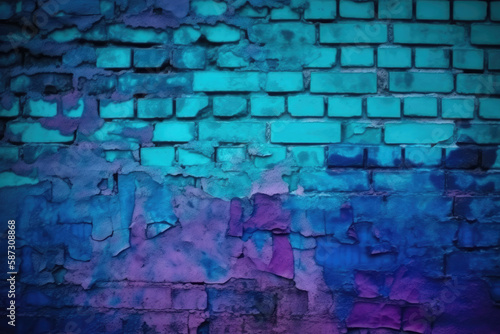 Toned brick wall. blue purple magenta teal green rough surface. gradient. colorful background with space for design. dark. grungy backdrop, cracked, damaged collapse ruins © Kateryna