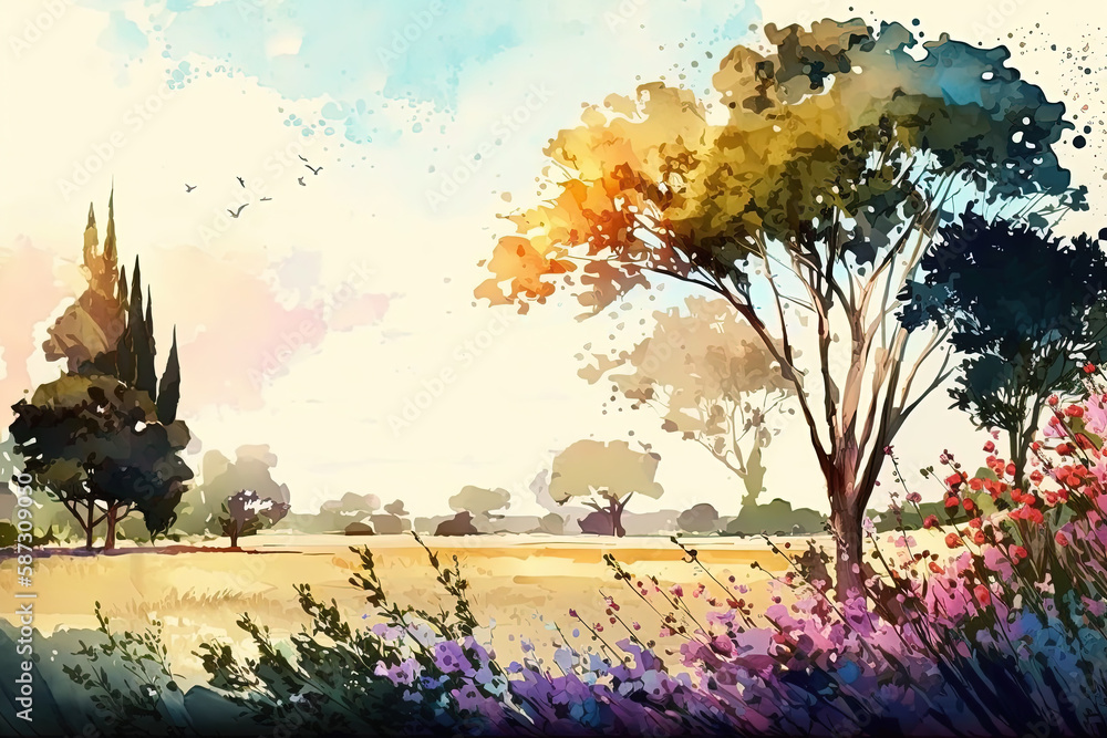 Watercolor summer landscape illustration, trees, meadow and flowers. Ai generated