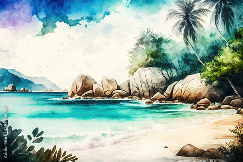 Watercolor tropical sea landscape painting. Summer beach illustration. Ai generated