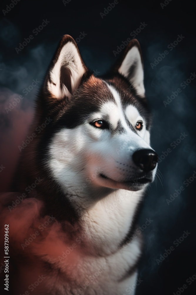 Portrait of a siberian husky dog in smoke.Generative Ai Portrait of a siberian husky dog in smoke.Generative Ai