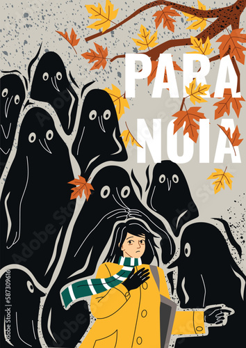 Concept of paranoia. Woman in yellow raincoat with green and white scarf walks and looks frightened at dark silhouettes of birds. Mental disorder and psychology. Cartoon flat vector illustration