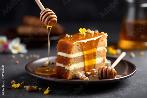 Photo of a delicious slice of honey cake on a plate created with Generative AI technology