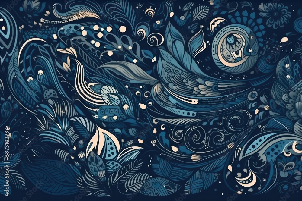 Abstract painting with blue and gold swirls on black background. Generative AI Abstract painting with blue and gold swirls on black background. Generative AI