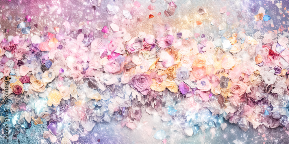 An eye-catching wall of glittery sequins and pastel colors is displayed, providing a dramatic backdrop for any setting. - Generative AI