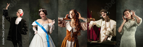 Set of portraits of young royal people listening to music in headphones against dark green background. Concept of comparison of eras, modernity and renaissance, baroque style. Creative collage. photo