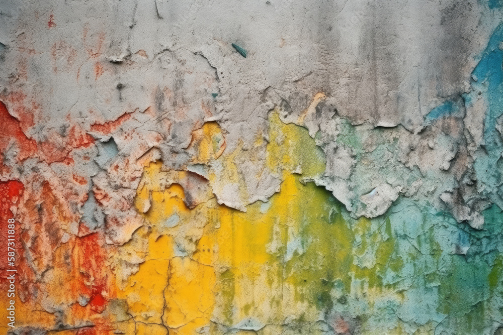 Old concrete cement wall, grunge rough texture, colorful paint background, fancy wallpaper, summer banner spring poster