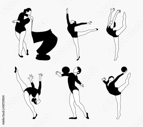 Gymnast team silhouettes set. Sport artistic gymnastics. Sports queen. Flat style. Isolated vector