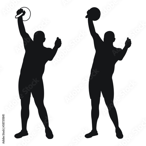 Set silhouettes athletes weight lifter lift kettlebell, weights. Weight lifting. Pull, push, bench press