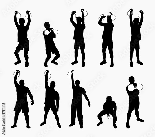 Set silhouettes athletes weight lifter lift kettlebell, weights. Weight lifting. Pull, push, bench press