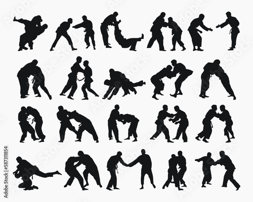 Vector set 20 silhouettes judoist, judoka, fighter in a duel, fight, judo sport. Martial art. Sportsmanship. Sport silhouettes pack