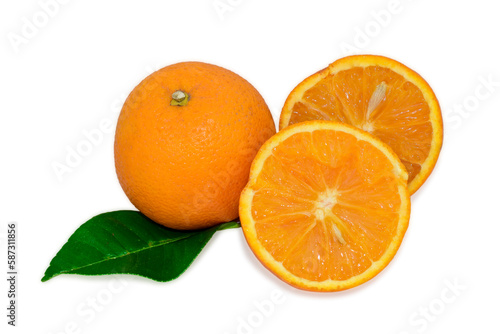 Ripe Orange fruit slices isolated on white background