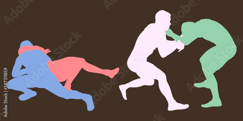 Vector athletes wrestlers in the fight, duel, fight. Figures of strong men. Greco Roman, freestyle, classical wrestling.