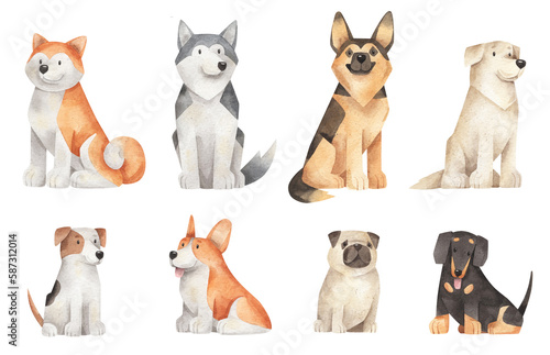 Watercolor cartoon dog breeds. Cute hand-drawn illustrations of different dogs. Set of sitting dogs - akita inu, dachshund, labrador, jack russell, shepherd, corgi, pug and husky