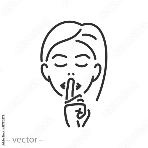 woman asking for silence icon, do not disturb, gesturing quiet, finger in front of mouth, line symbol on white background - editable stroke vector illustration eps10