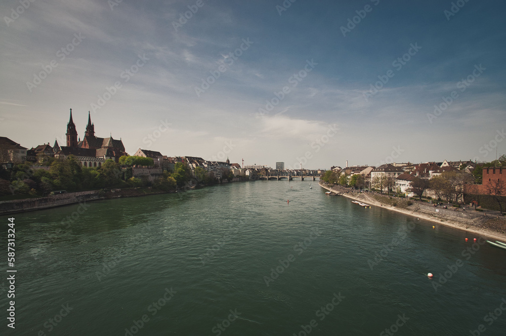 Beautiful architecture of Basel, Switzerland, at the River Rhine on a sunny day