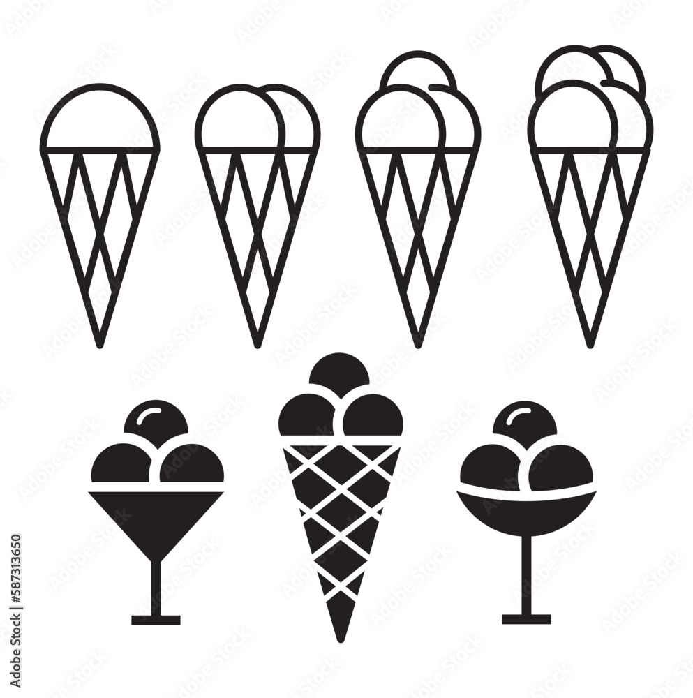 Ice cream cone with one, two, three and four balls, icon, vector. Ice cream cone with one, two, three and four balls, icon, vector.