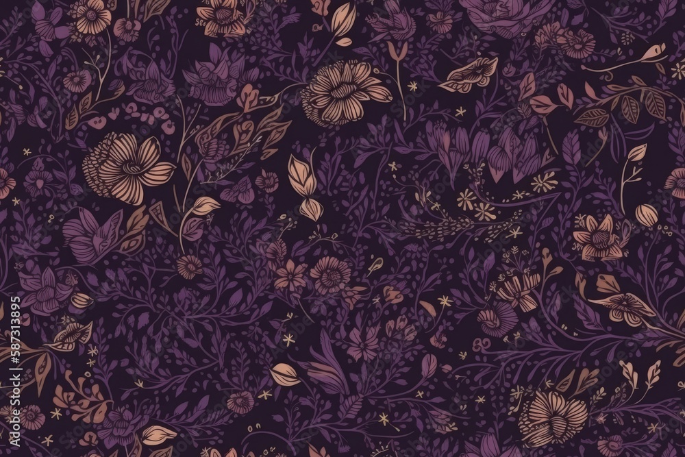 purple and gold floral pattern on a textured purple background. Generative AI