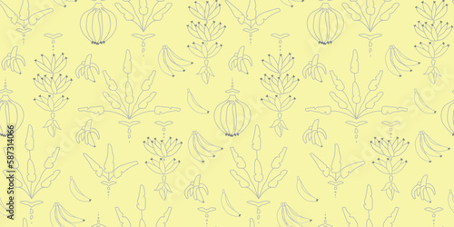 tropical banana pattern seamless vector with banana leaves and floral elements yellow and grey for background, surface design textile and fabric
