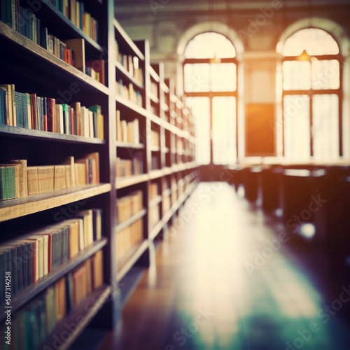 Wallpaper Mural Blurred public library interior space. Learning and education concept background. generative ai. Defocused bookshelves with books - vintage tone Torontodigital.ca