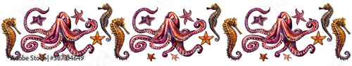 Seamless beautiful nautical themed border with octopuses, seahorses and starfish. Watercolor drawing on white.
