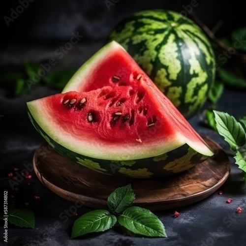 watermelon on a wooden plate - Generated by Generative AI