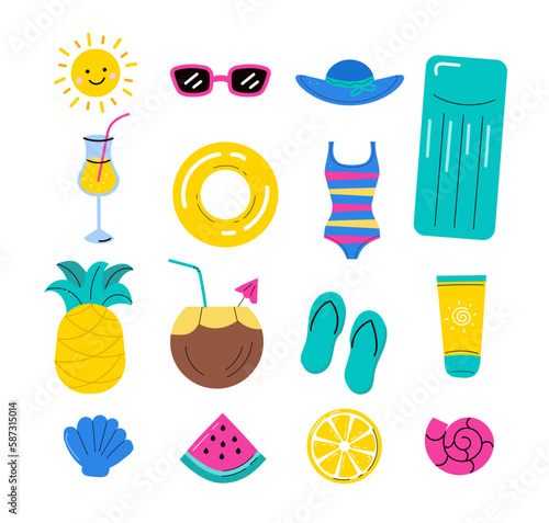 Different summer objects set, vector illustration.   Beach and pool party design elements. photo