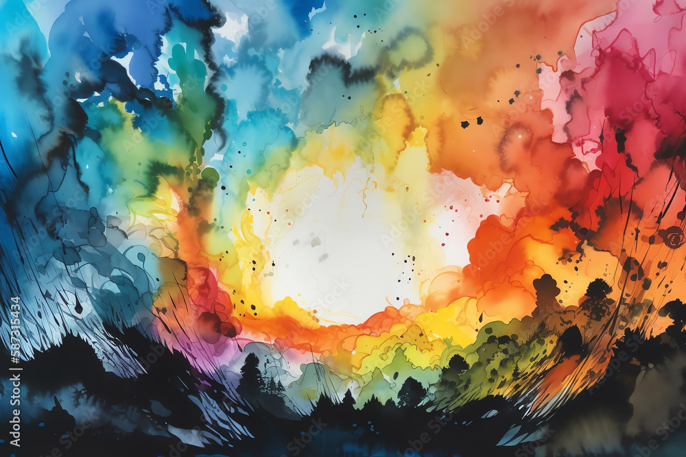A vibrant rainbow spreading across the sky. digital art illustration. generative AI A vibrant rainbow spreading across the sky. digital art illustration. generative AI
