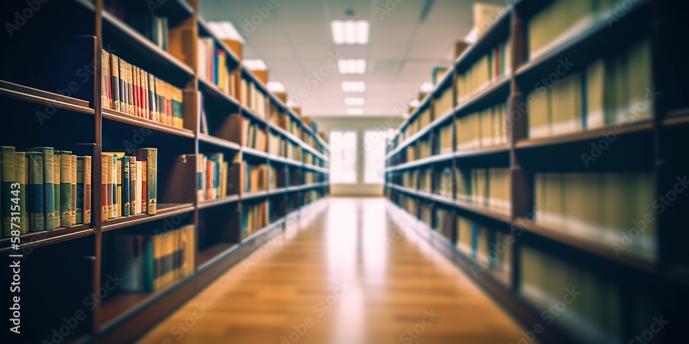 Blurred public library interior space. Learning and education concept background. generative ai. Defocused bookshelves with books - vintage tone