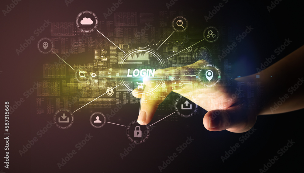 Obraz premium Hand touching cybersecurity button concept