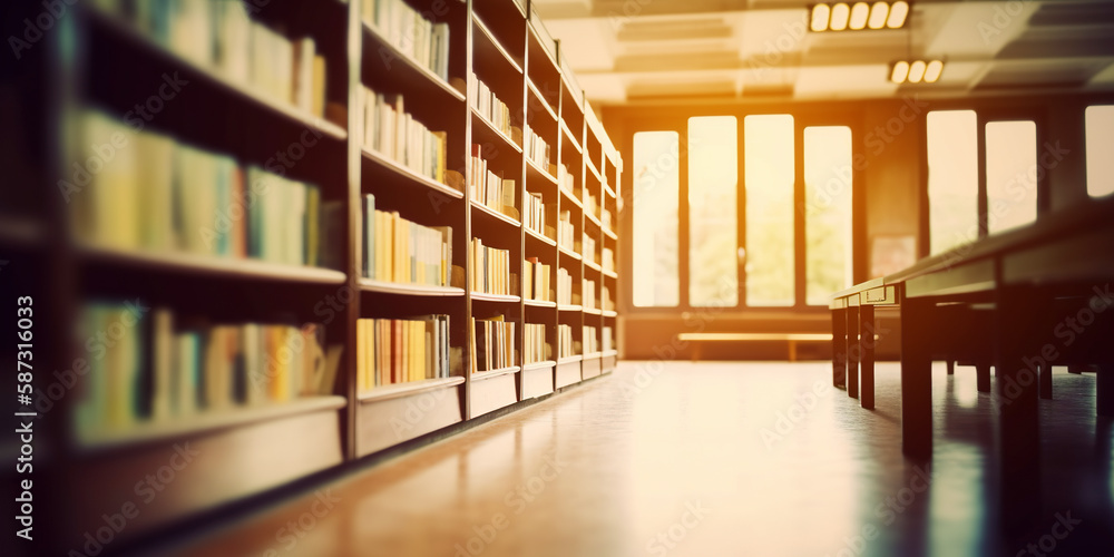 Blurred public library interior space. Learning and education concept background. generative ai. Defocused bookshelves with books - vintage tone Blurred public library interior space. Learning and education concept background. generative ai. Defocused bookshelves with books - vintage tone