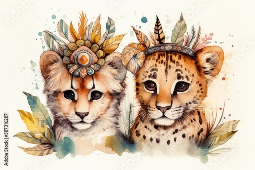 Adorable creatures. Hand drawn baby cheetah and tiger. Nursery friendly. Boho  feathered headdress. Generative AI