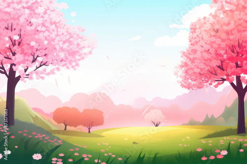 Spring background. Blooming trees with pink flowers in the meadow. AI generative.