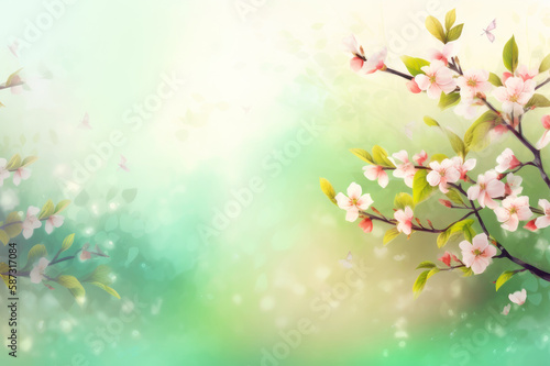 Spring background. Blossoming cherry tree and butterfly. AI generative. © Iaroslav