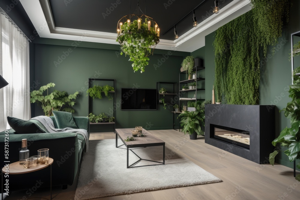Living area with fireplace and green plants. Generative AI