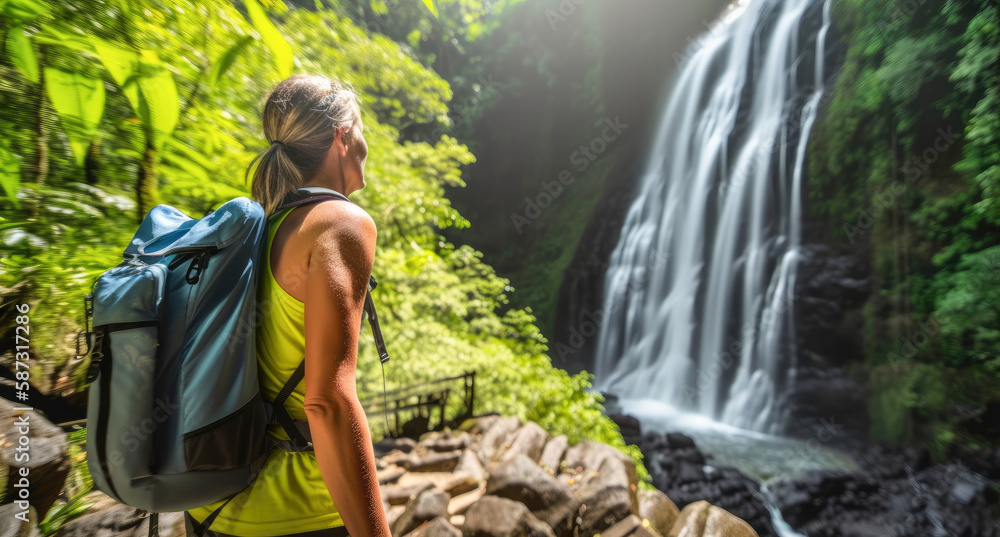 A woman in a lush forest with a waterfall - Generative AI