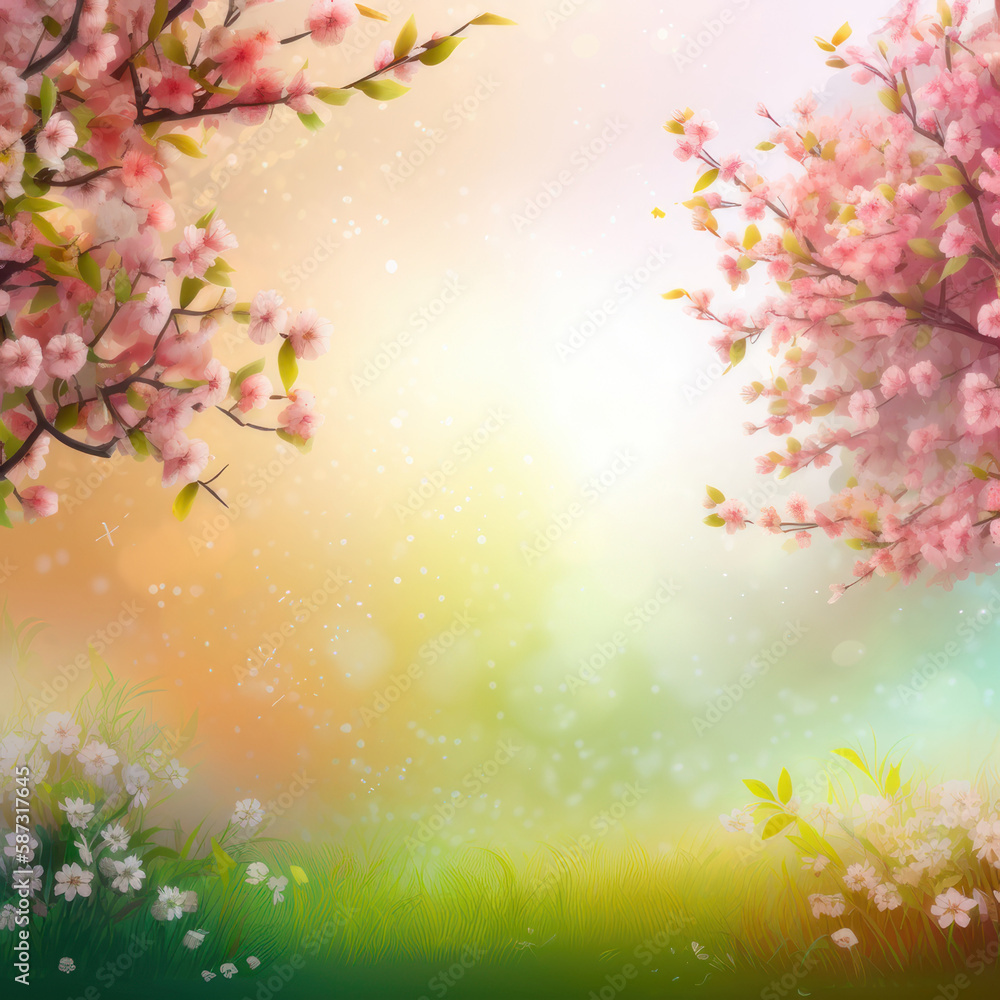 Spring background. Blooming cherry orchard. AI generative.