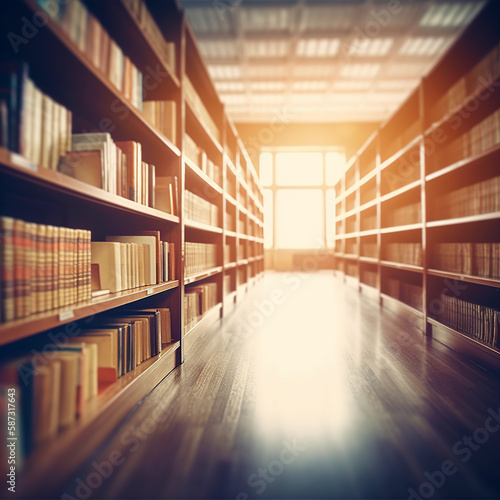 Blurred public library interior space. Learning and education concept background. Defocused bookshelves with books - vintage tone