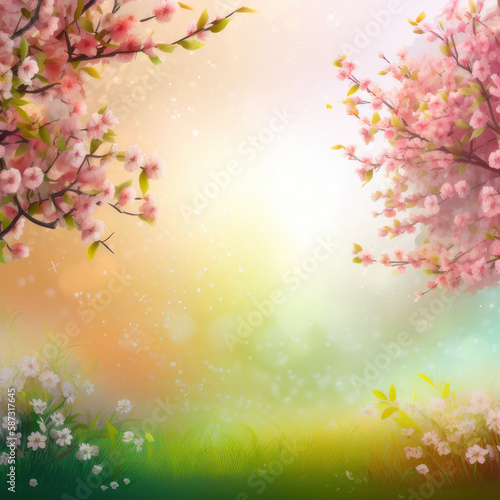 Spring background. Blooming cherry orchard. AI generative.