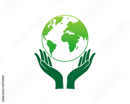 Hand care with green world map vector logo