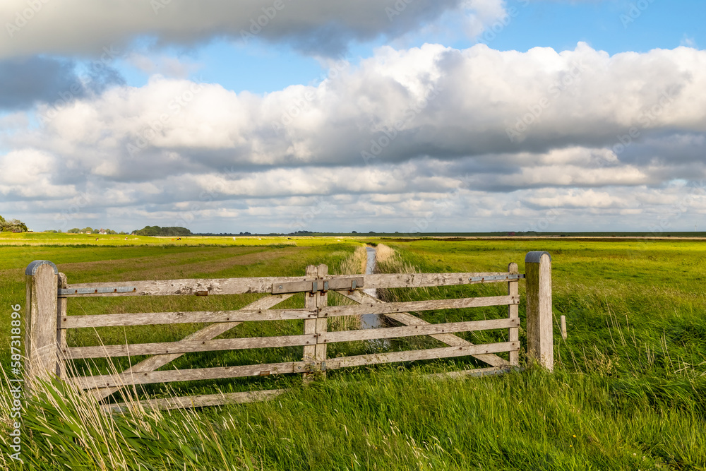 Fototapeta premium Dike landscape in St. Peter-Ording, North Friesland, Schleswig-Holstein, Germany, Europe