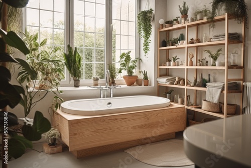 Modern white bathtub with wooden book shelf from above. Dream boho bathroom with panoramic window and green potted plants. Generative AI