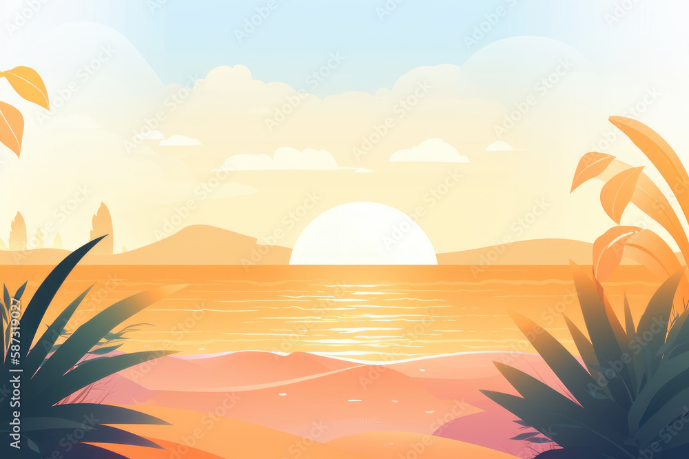 Summer background. Sunset on the beach. AI generative.