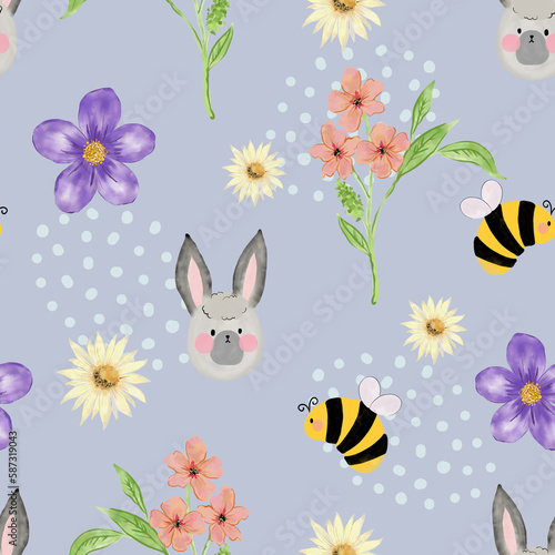 Cute bunny rabbit and bee blooming seamless pattern in cartoon style seamless repeat