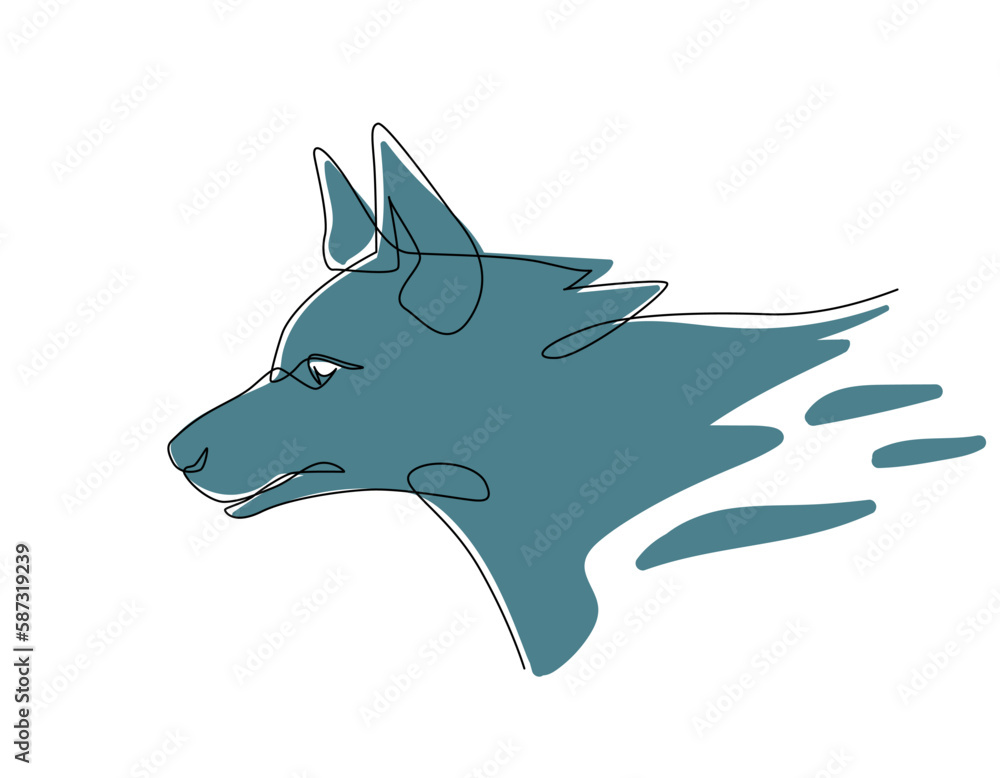 Wolf portrait side face, Continuous line art drawing style, Design template linear and color abstract minimal style. Vector illustration. Wolf portrait side face, Continuous line art drawing style, Design template linear and color abstract minimal style. Vector illustration.