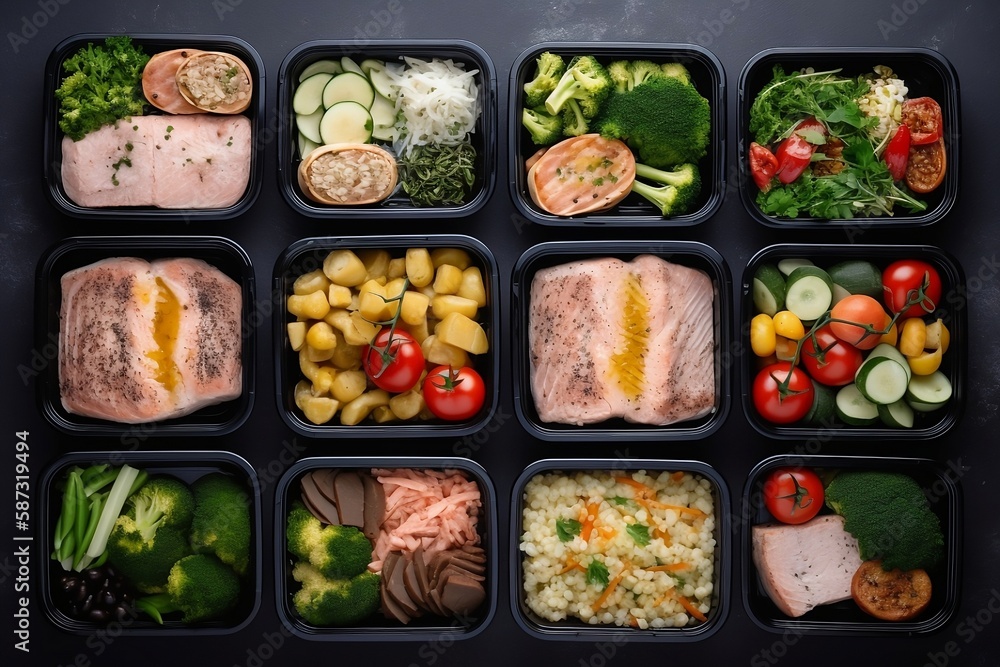Assortment of healthy food dishes. Top view. Free space for your text. Ai
Assortment of healthy food dishes. Top view. Free space for your text. Ai