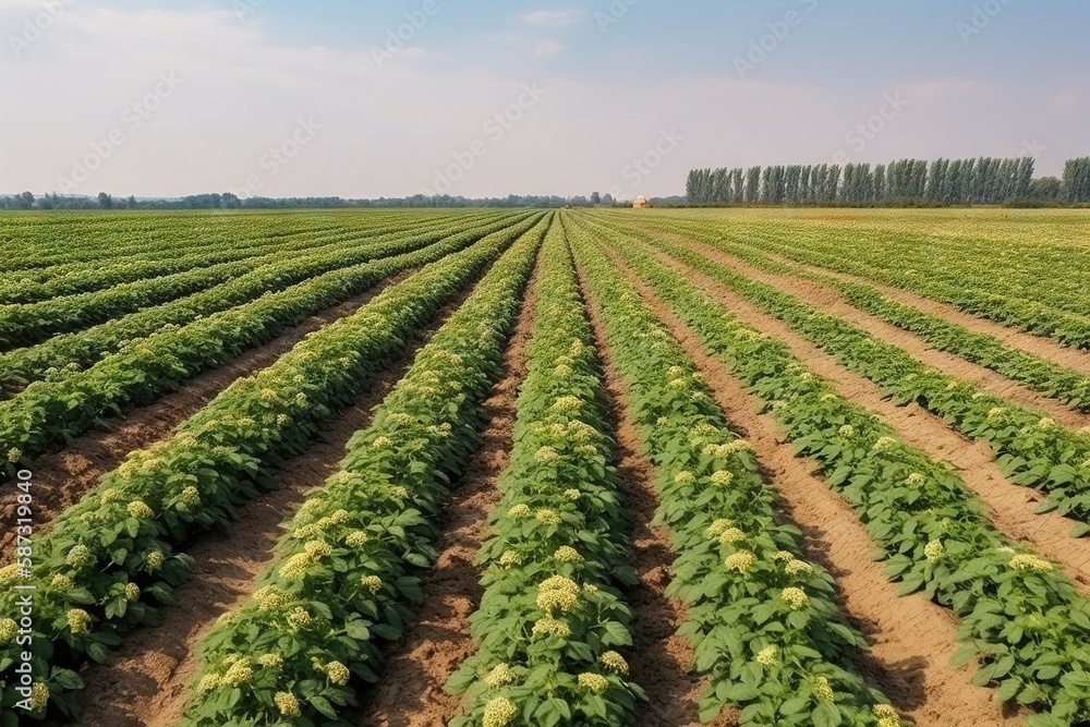 Beautiful white potatoes, commercially attractive, beautiful green beds on the farm, ai