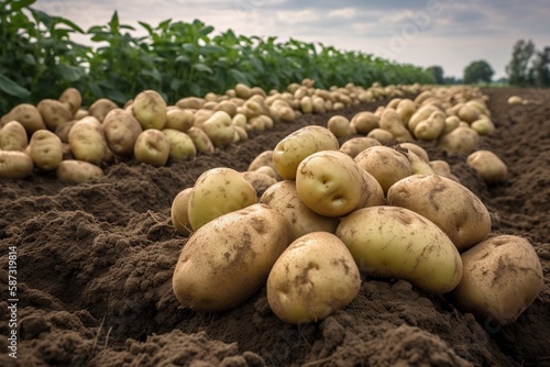 Beautiful white potatoes, commercially attractive, beautiful green beds on the farm, ai