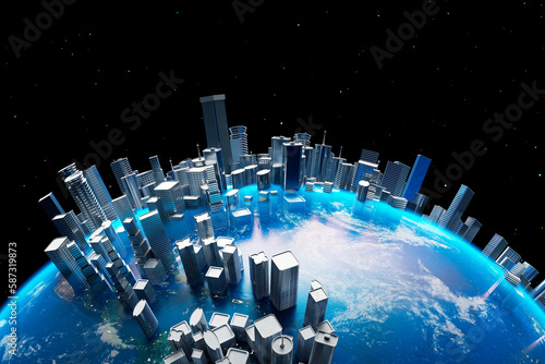 Earth with tall buildings on its surface. A planet covered by skyscrapers.
