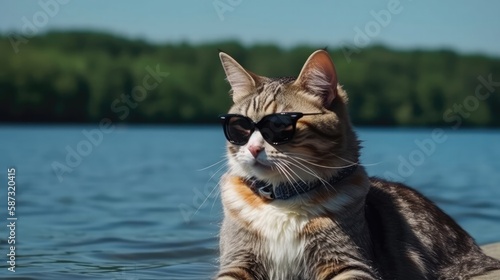 A Cat With Sunglasses Fishing At a Lake. Generative AI